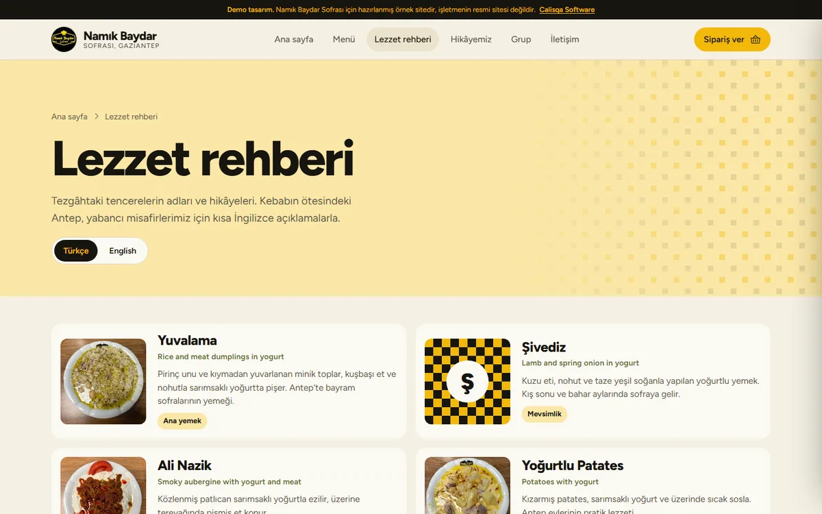 Namık Baydar Sofrası web sitesi, iç sayfa